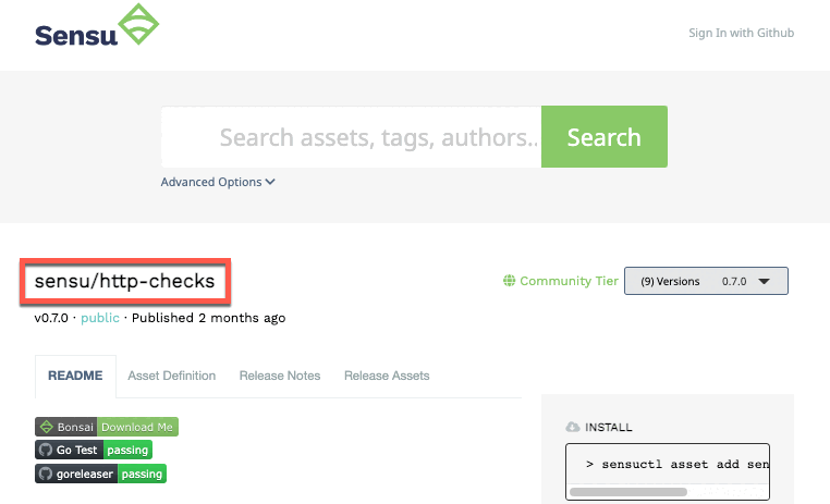 Bonsai page for the Sensu http-checks dynamic runtime asset showing the location of the asset namespace and name